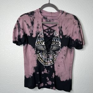 Affliction Shirt Womens XS Black Tie Dye Rhinestone Distressed Cutout Bust